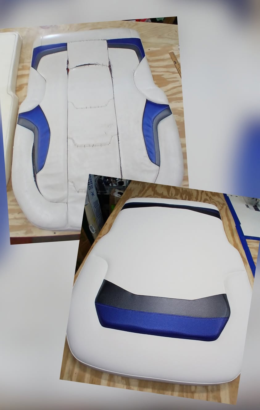 Marine upholstery restoration showing worn seat and finished reupholstered cushion